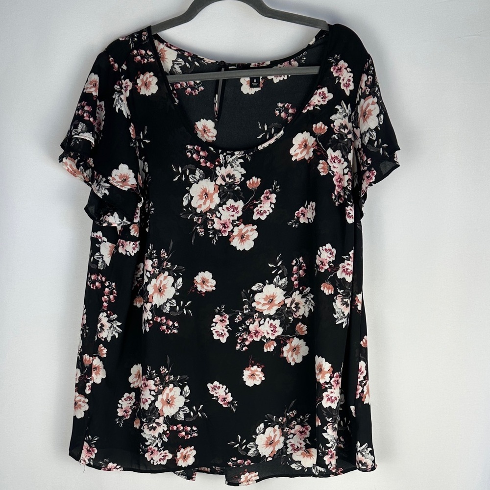 Torrid Black & Pink Floral Flutter Georgette Blouse Top